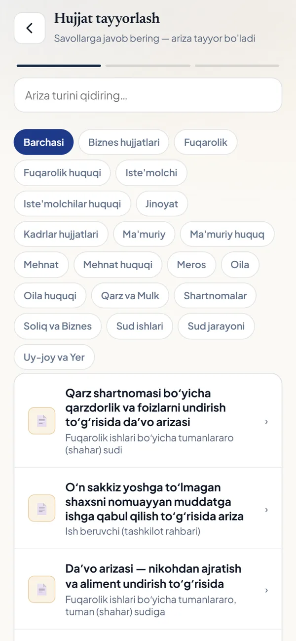 Hujjat tayyorlash ekrani: ariza turlari va namunalar ro'yxati